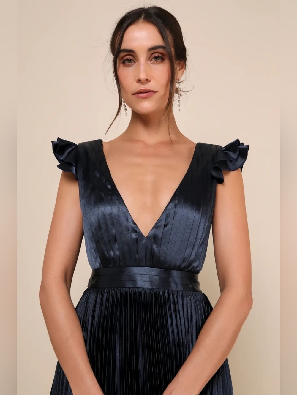 Lulus Exceptional Drama Navy Blue Satin Lace-Up Pleated Maxi Dress S Wedding - Picture 4 of 10